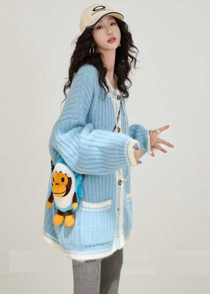 Style Sky Blue Oversized Pockets Knit Two Pieces Set Winter