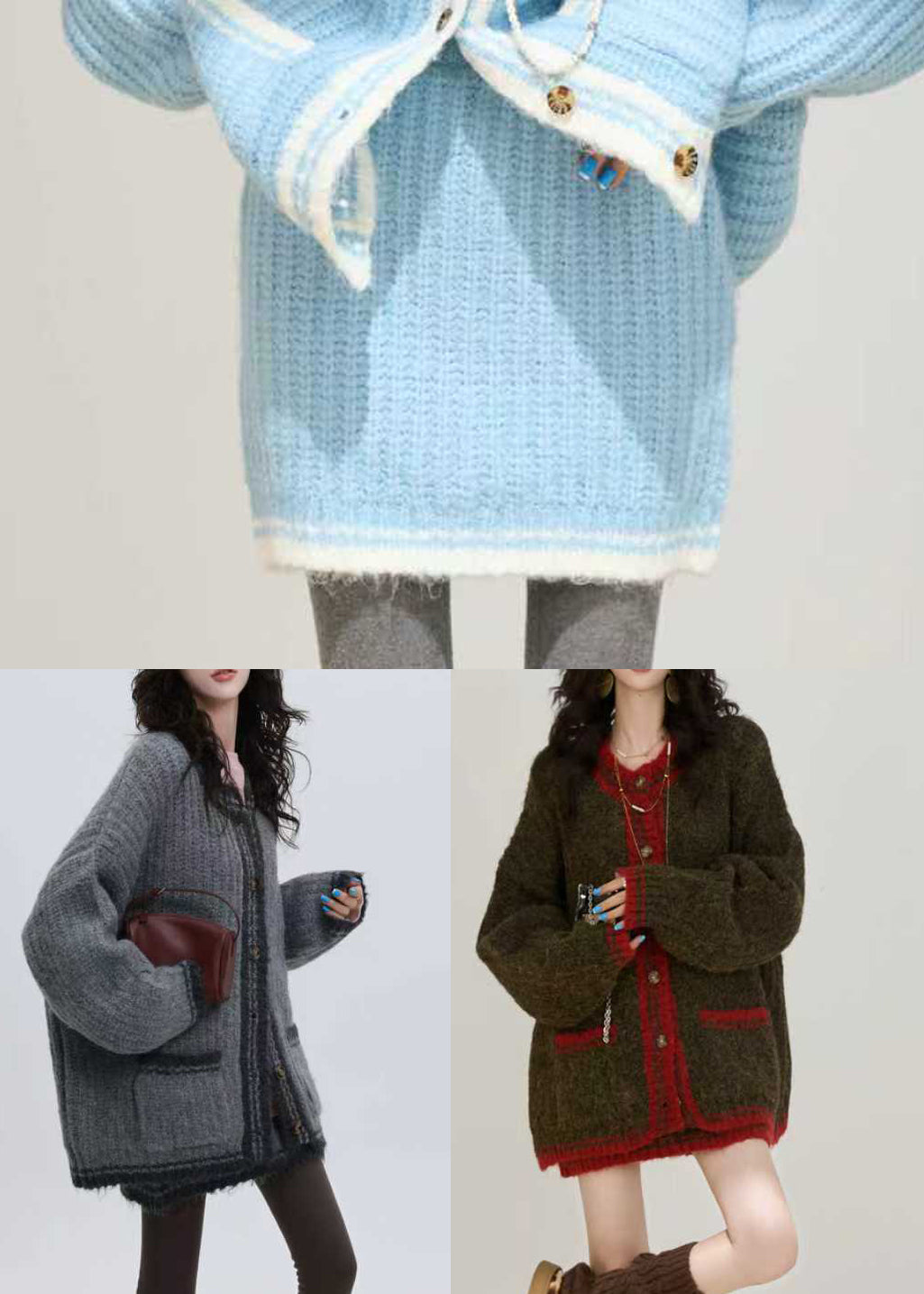 Style Sky Blue Oversized Pockets Knit Two Pieces Set Winter