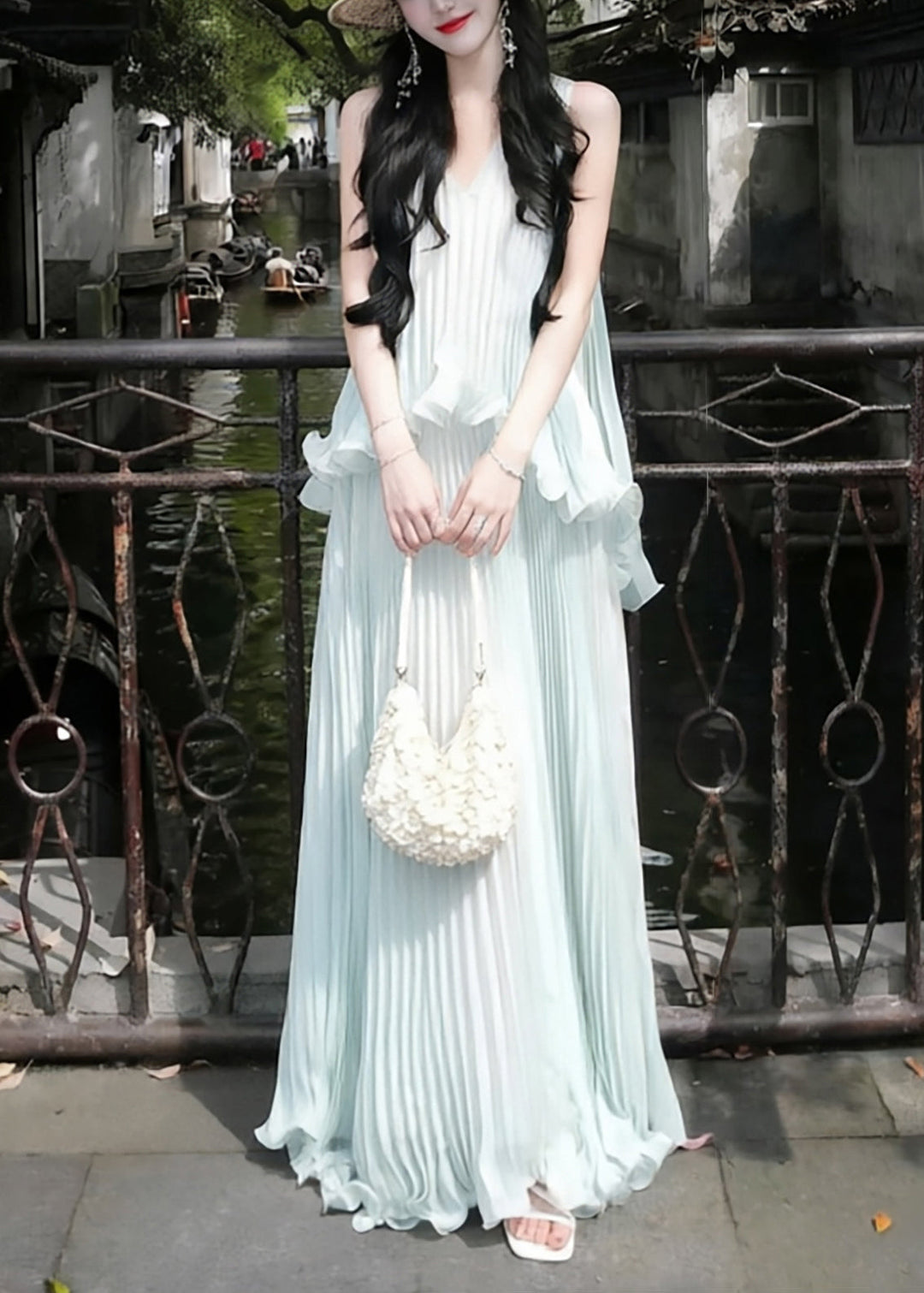 Style Sky Blue Ruffled Wrinkled Chiffon Holiday Dress Sleeveless