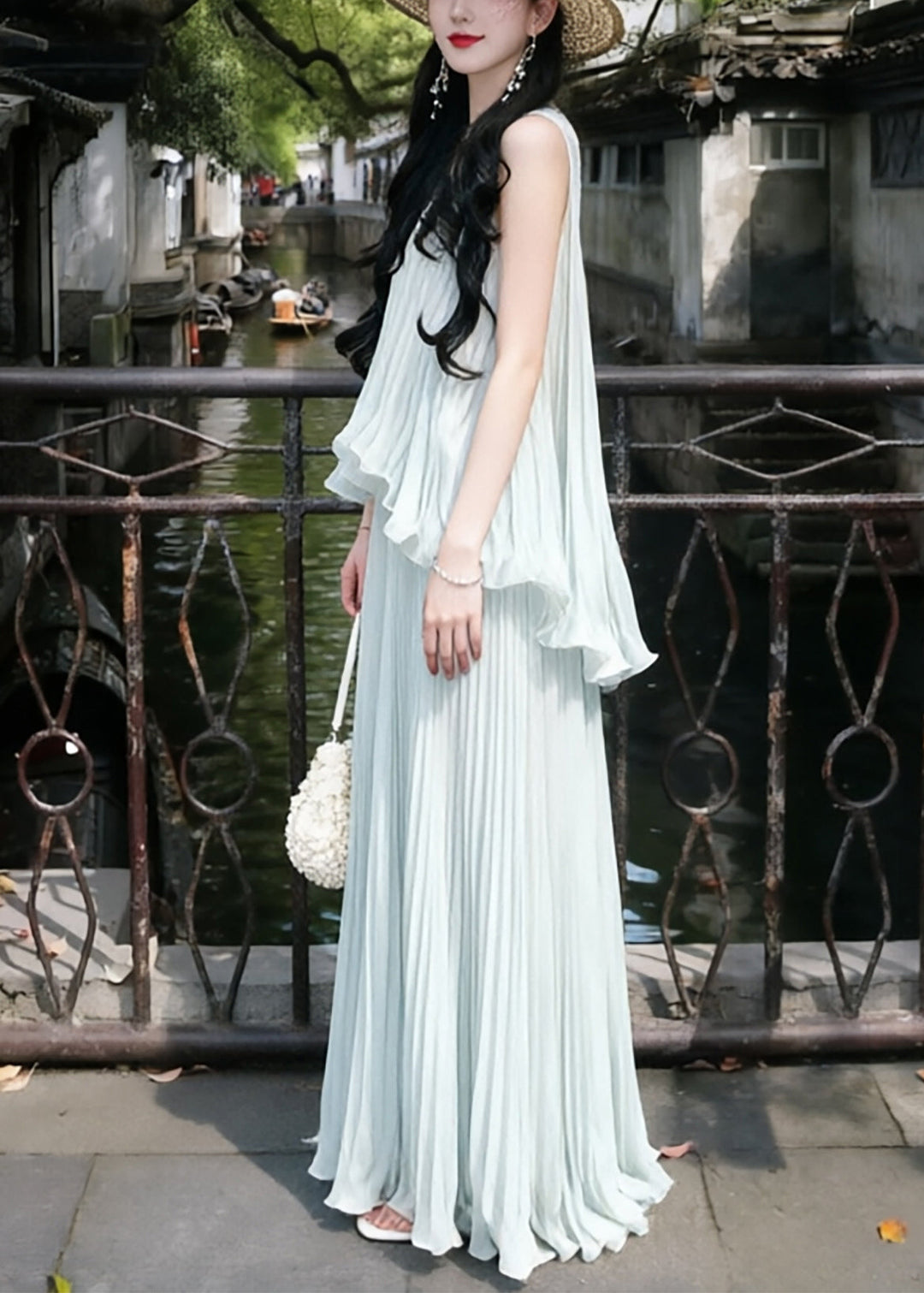Style Sky Blue Ruffled Wrinkled Chiffon Holiday Dress Sleeveless