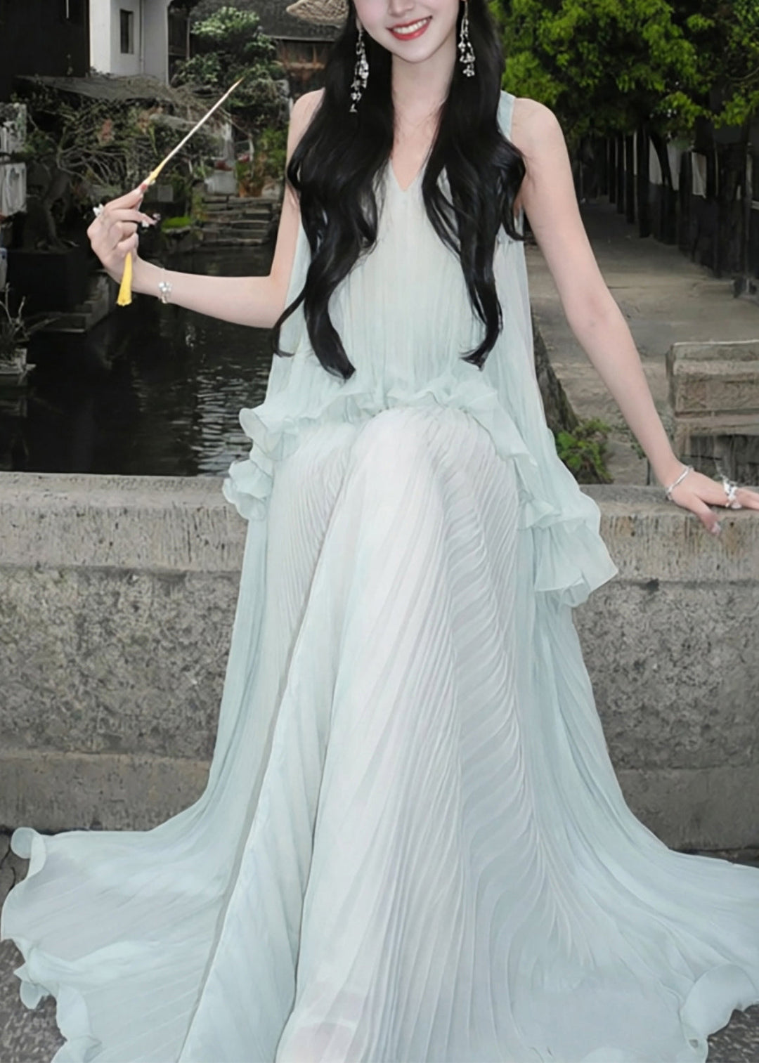 Style Sky Blue Ruffled Wrinkled Chiffon Holiday Dress Sleeveless