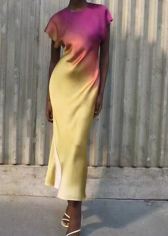 Style Slim Fit Tie Dye Silk Dresses Butterfly Sleeve - Omychic