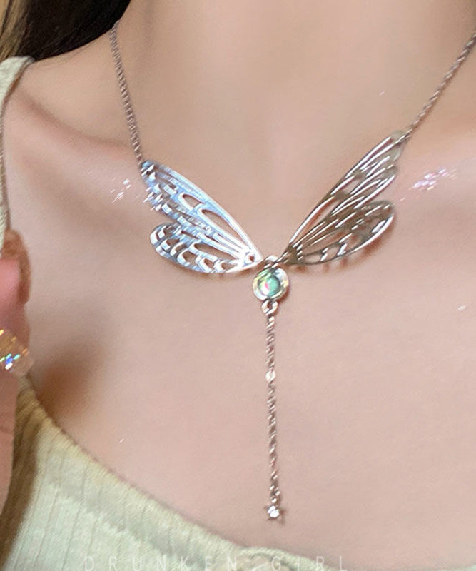 Style Stainless Steel Butterfly Wing Hollow Out Tassek Lariat Necklace