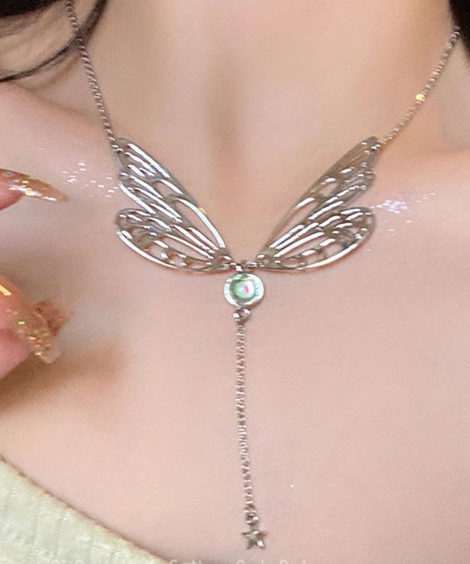 Style Stainless Steel Butterfly Wing Hollow Out Tassek Lariat Necklace