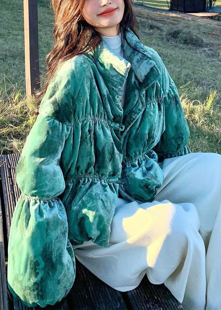 Style Tea Green Oversized Print Duck Down Puffers Jackets Lantern Sleeve