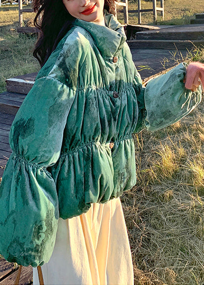 Style Tea Green Oversized Print Duck Down Puffers Jackets Lantern Sleeve