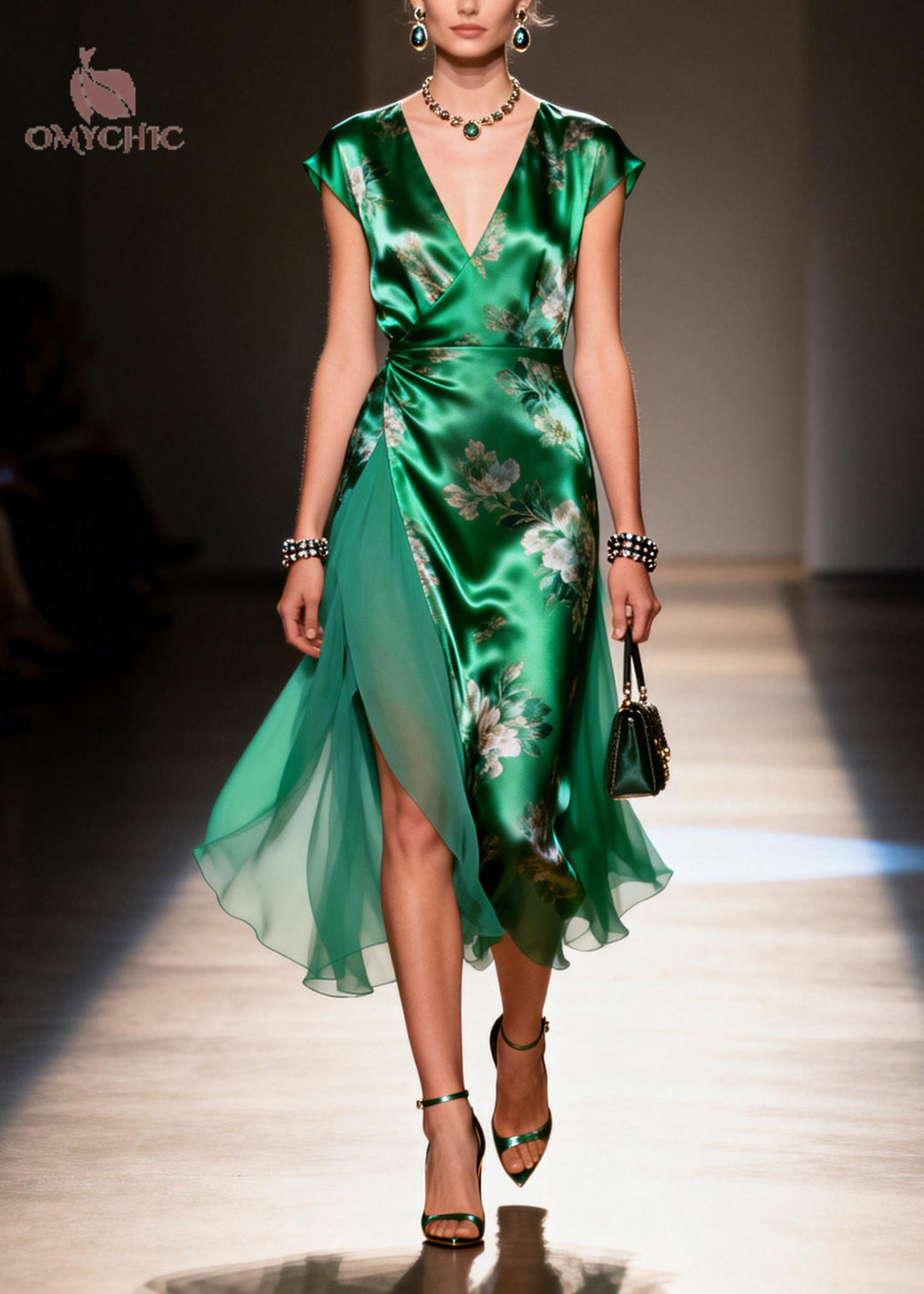 Style Tea Green Print Patchwork Silk Long Dress Summer