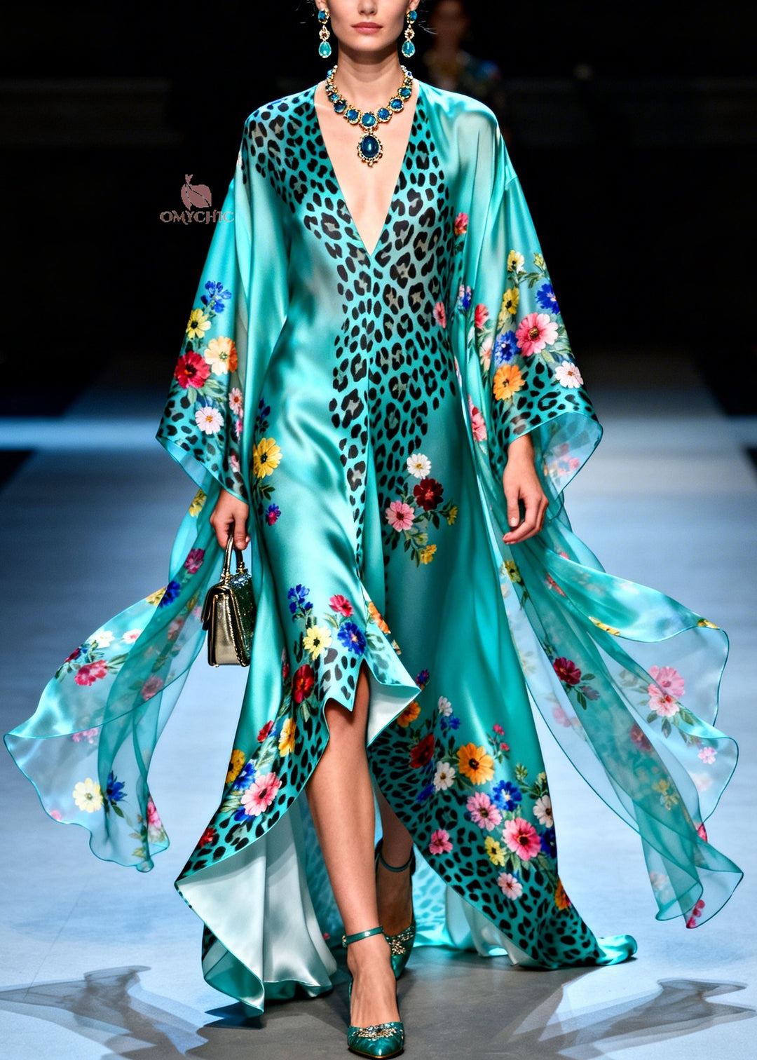 Style V Neck Asymmetrical Design Leopard Floral Silk Dress Summer