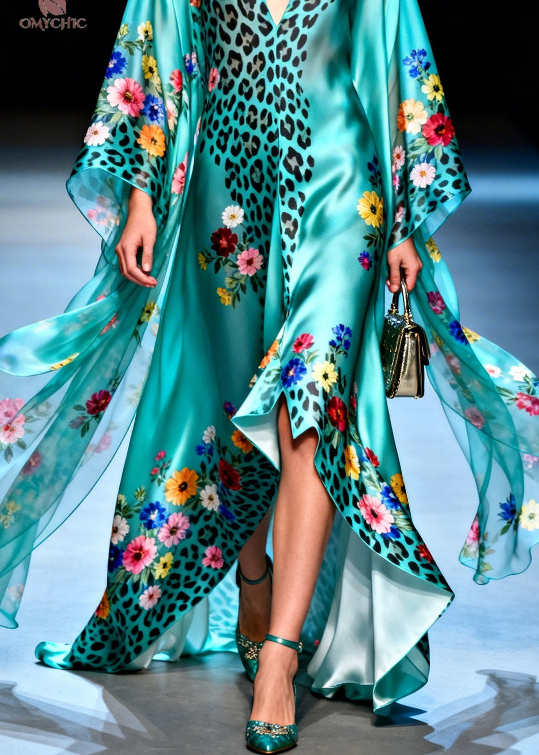 Style V Neck Asymmetrical Design Leopard Floral Silk Dress Summer