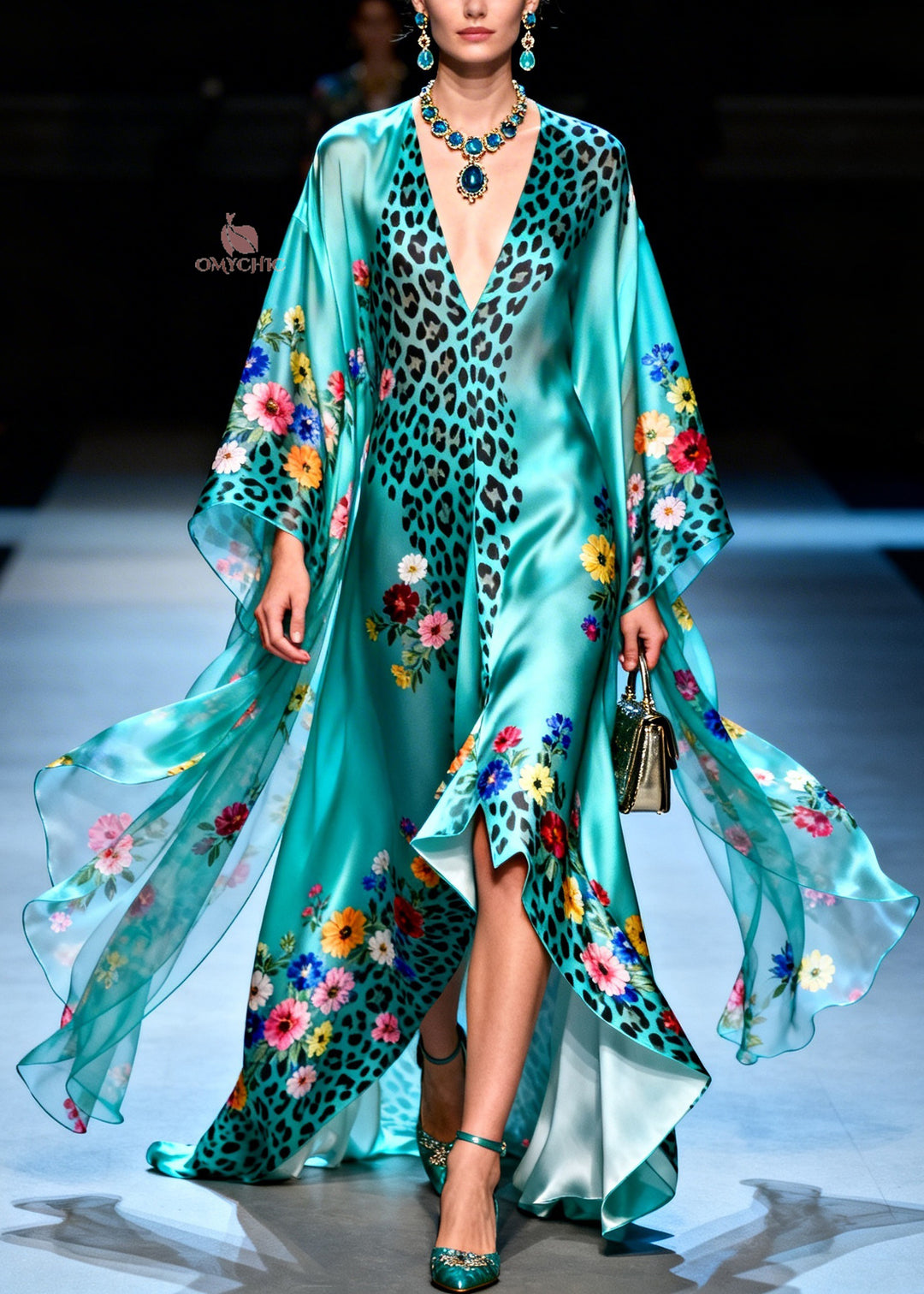 Style V Neck Asymmetrical Design Leopard Floral Silk Dress Summer