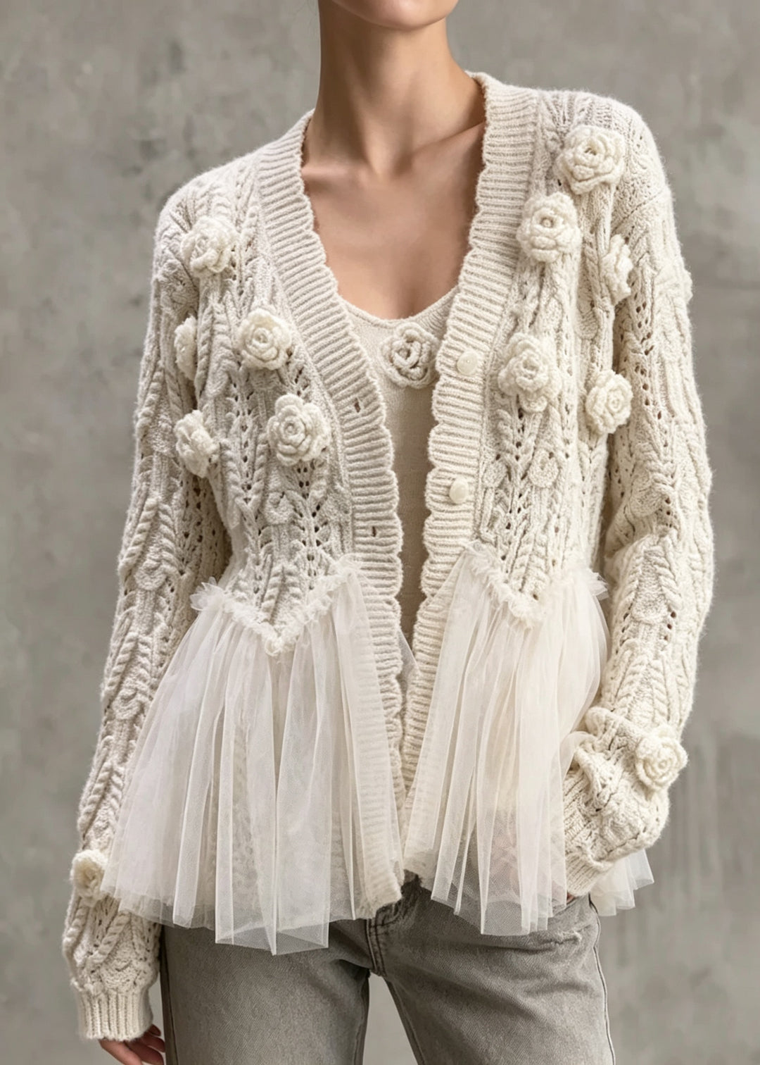Style V Neck Floral Tulle Patchwork Knit Two Pieces Set Fall