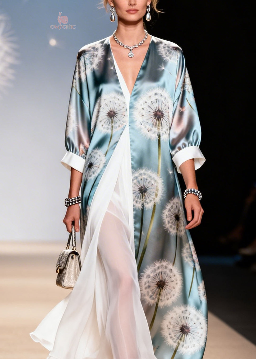 Style V Neck Print False Two Pieces Patchwork Silk Dresses Summer