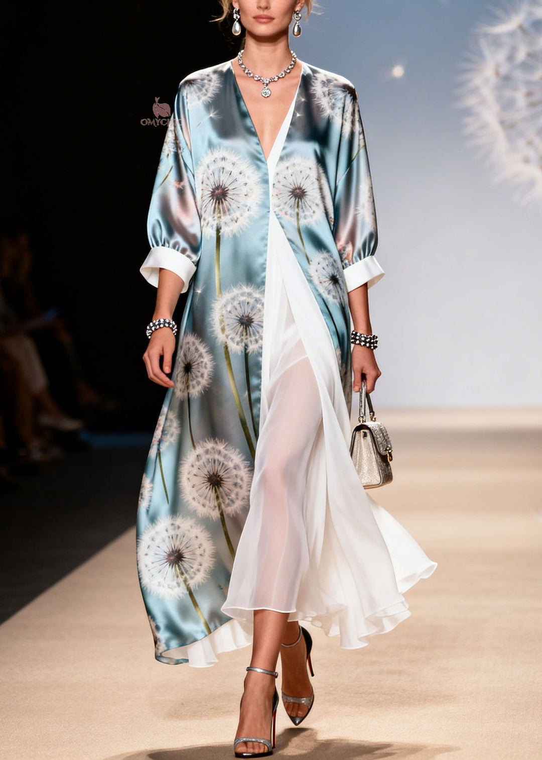 Style V Neck Print False Two Pieces Patchwork Silk Dresses Summer