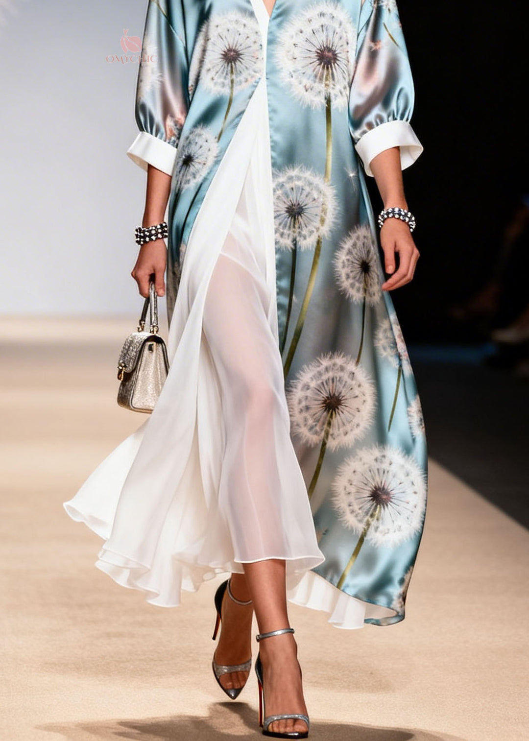 Style V Neck Print False Two Pieces Patchwork Silk Dresses Summer