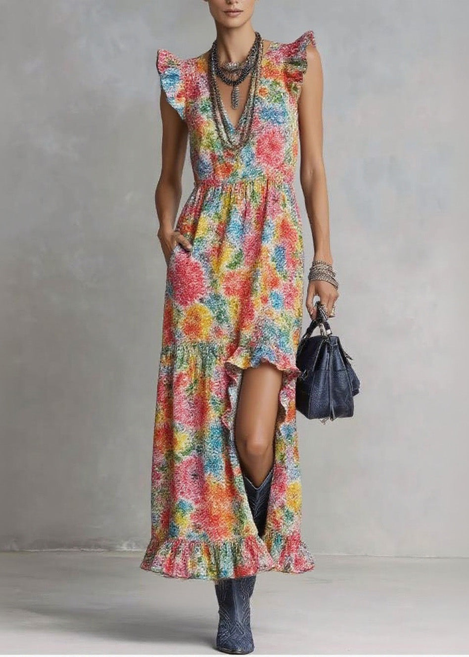 Style V Neck Ruffled Print Cotton Long Dresses Summer