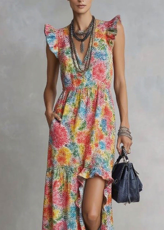 Style V Neck Ruffled Print Cotton Long Dresses Summer