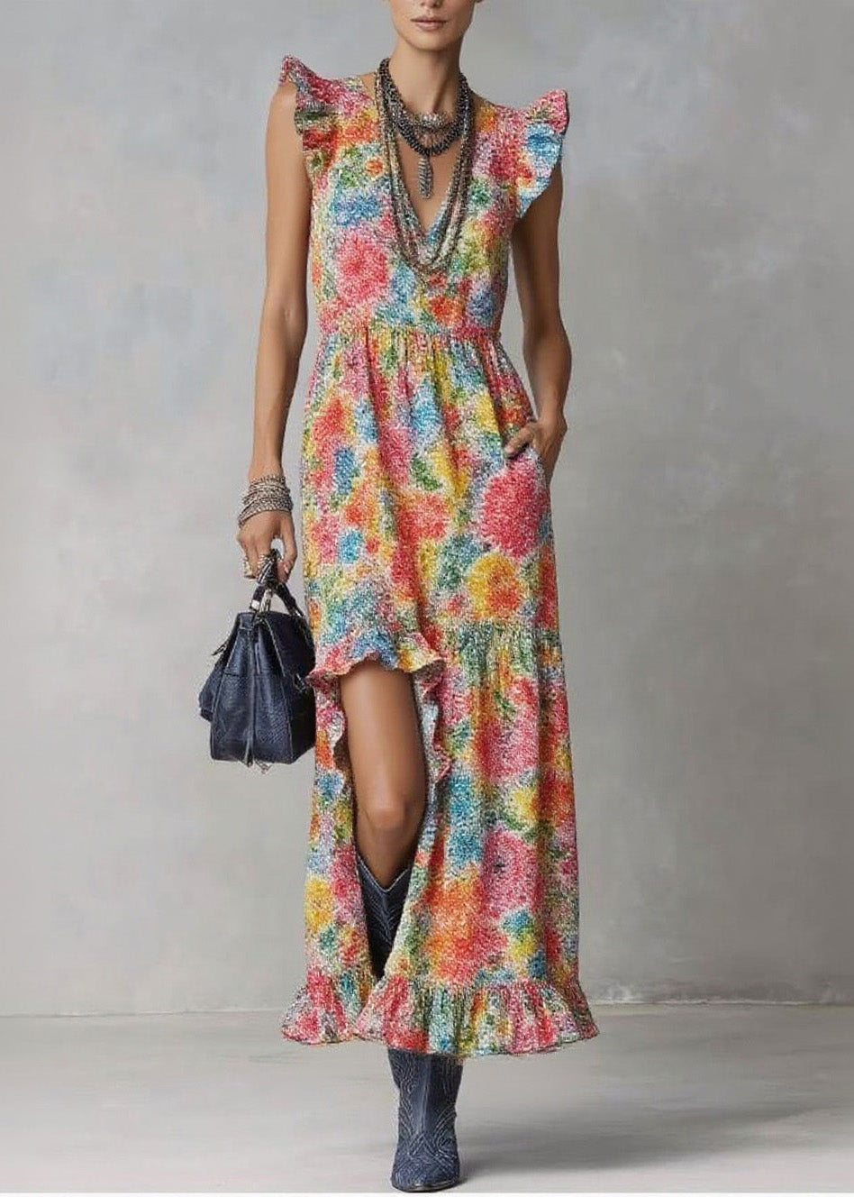 Style V Neck Ruffled Print Cotton Long Dresses Summer