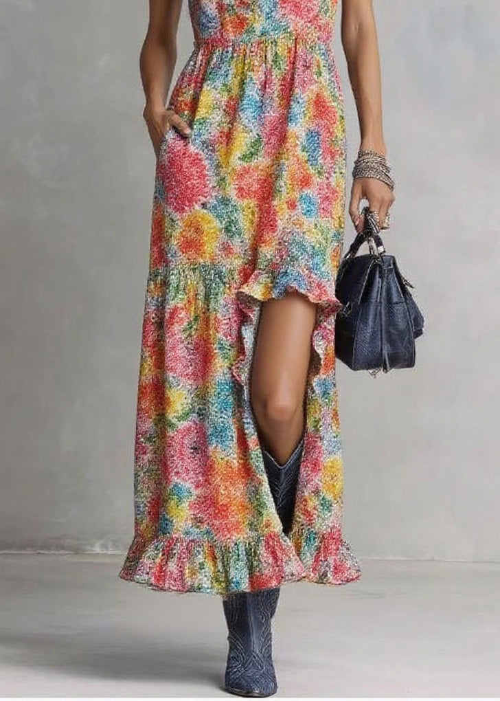 Style V Neck Ruffled Print Cotton Long Dresses Summer