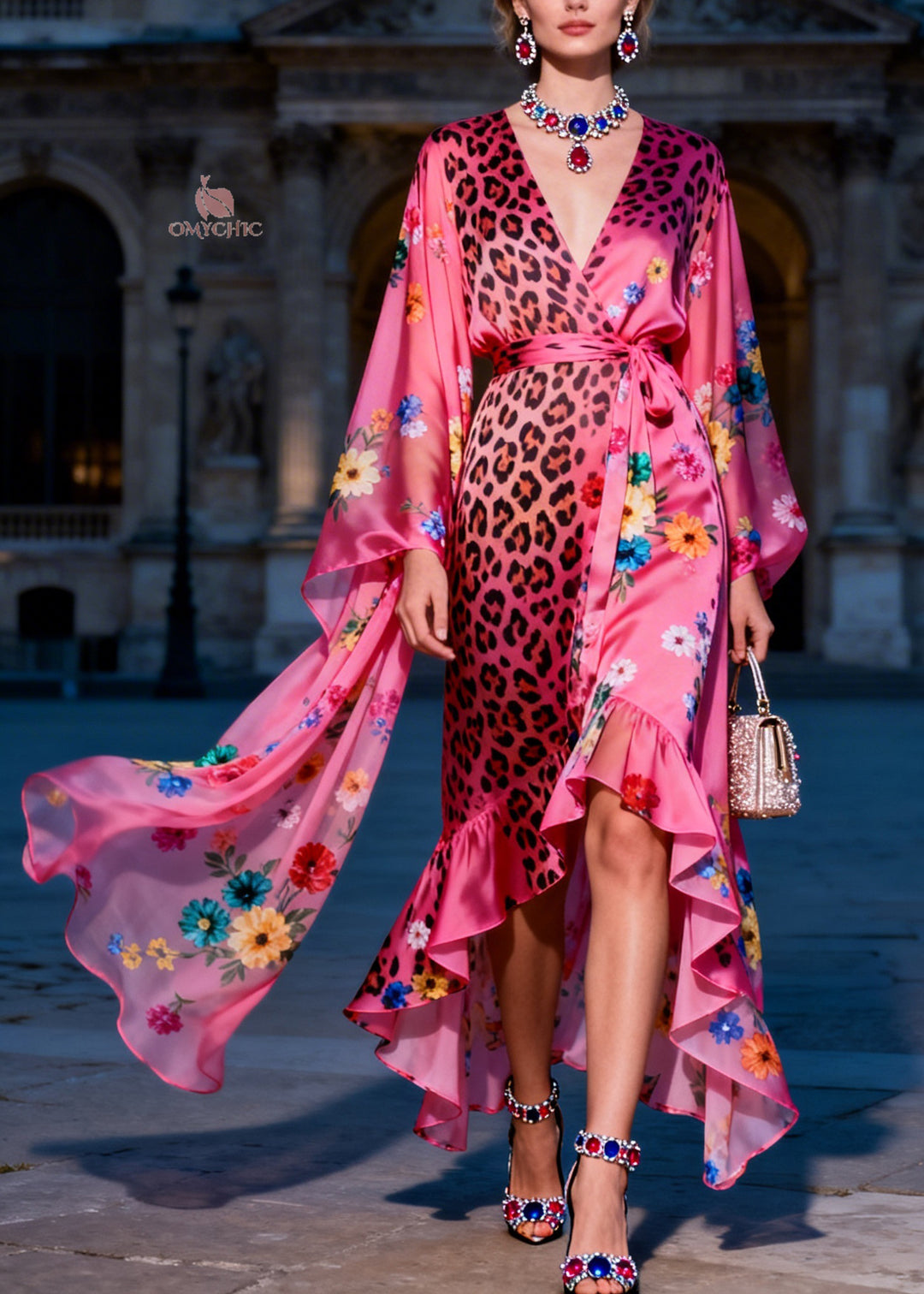 Style V Neck Ruffled Print Patchwork Silk Maxi Dresses Summer
