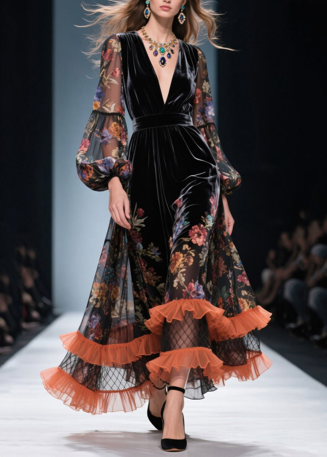 Style V Neck Ruffled Print Patchwork Velvet Dresses Fall