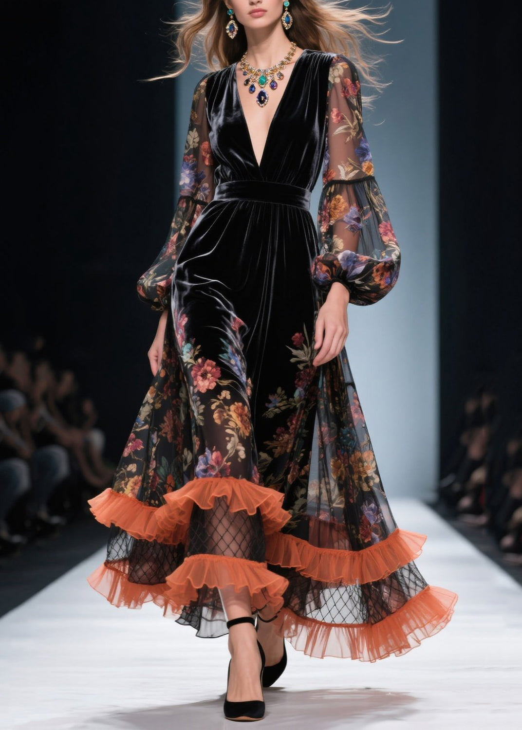 Style V Neck Ruffled Print Patchwork Velvet Dresses Fall