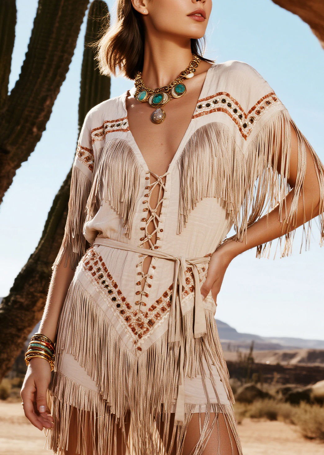 Style V Neck Tassel Patchwork Cotton Mini Dress Dress Summer - Omychic