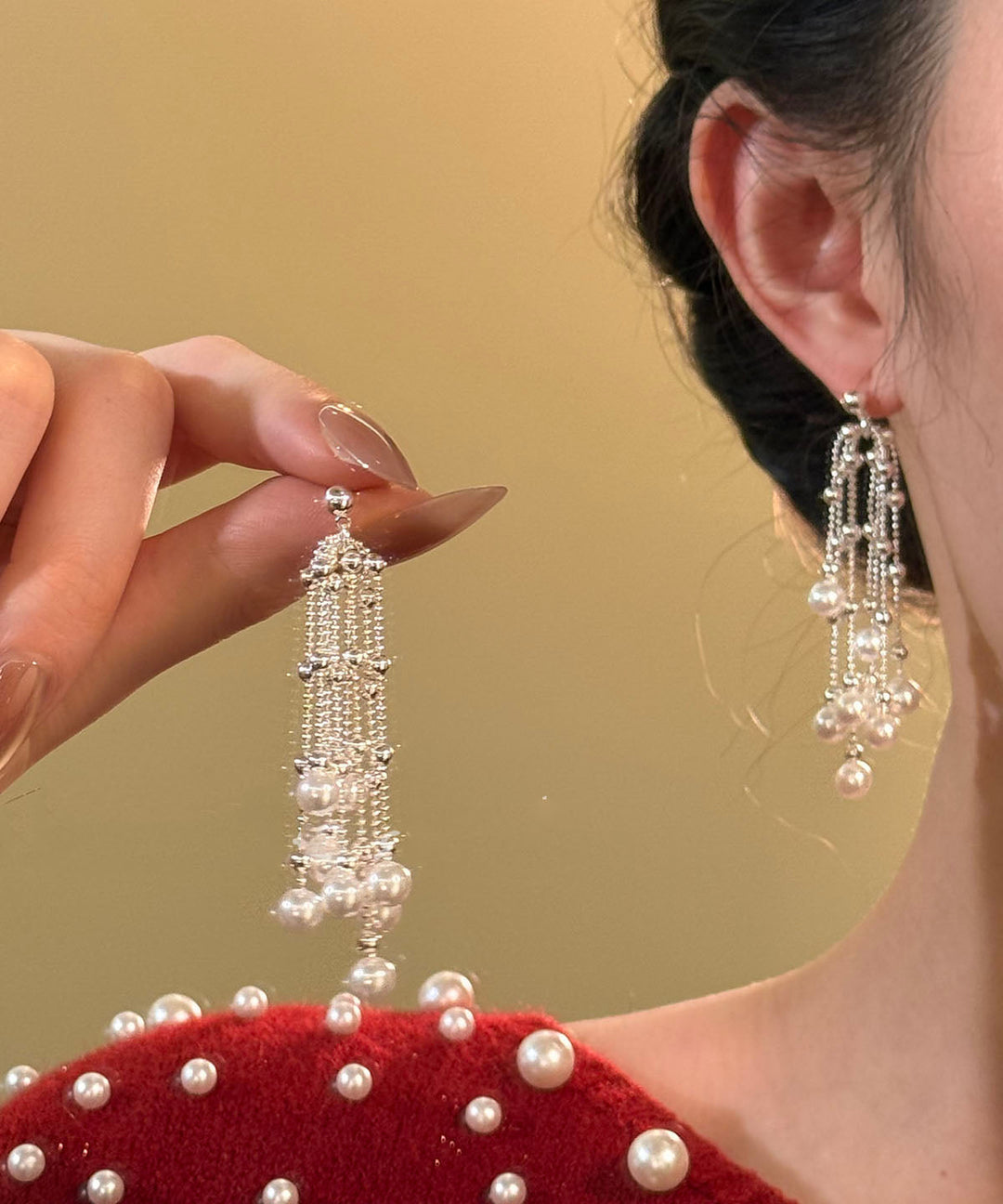 Style White Alloy Pearl Waterfall Tassel Drop Earrings