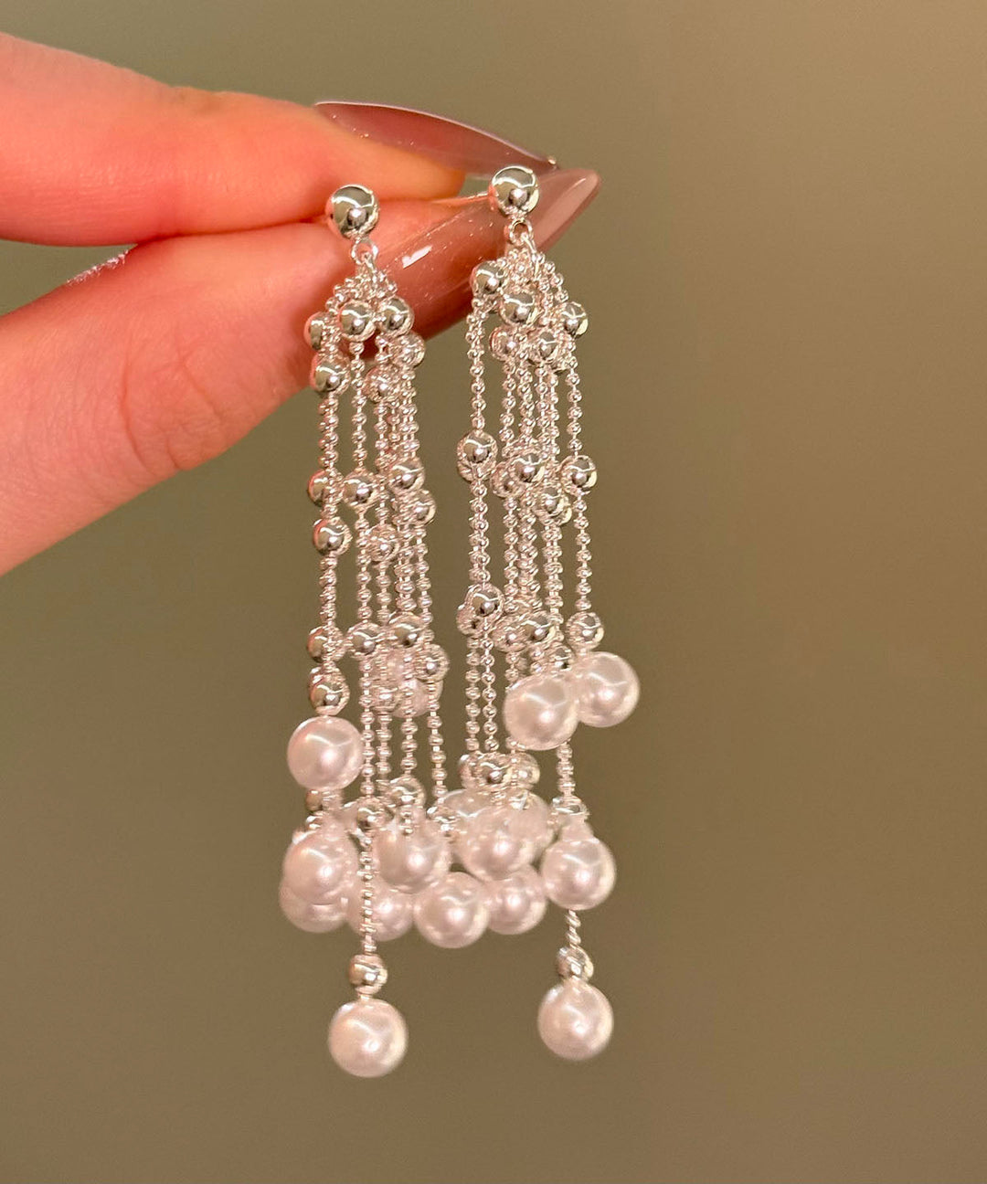 Style White Alloy Pearl Waterfall Tassel Drop Earrings