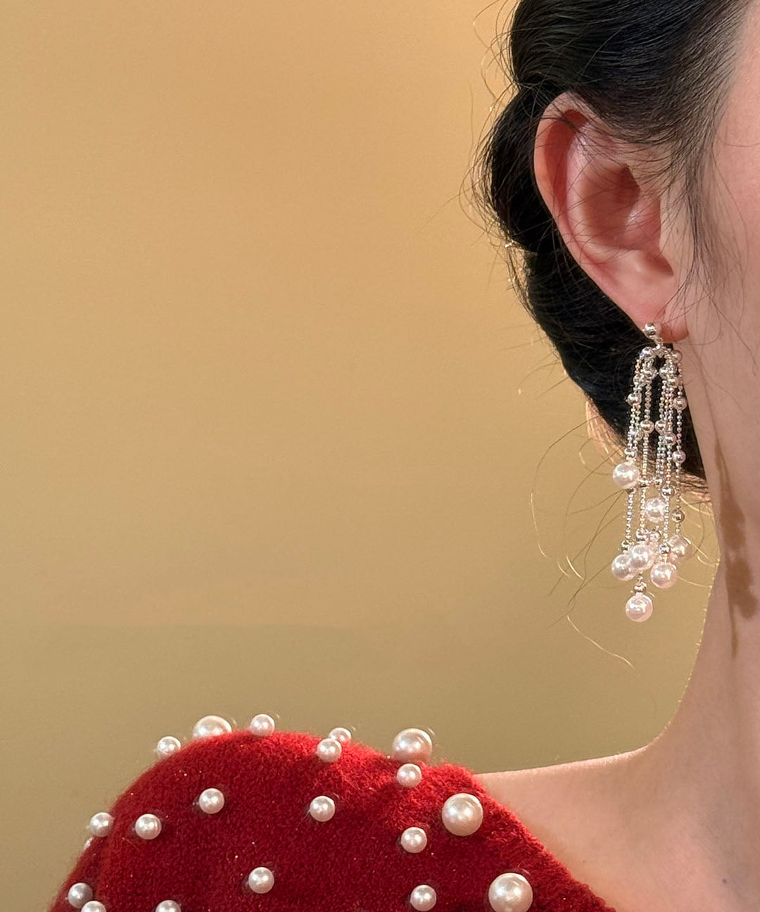 Style White Alloy Pearl Waterfall Tassel Drop Earrings