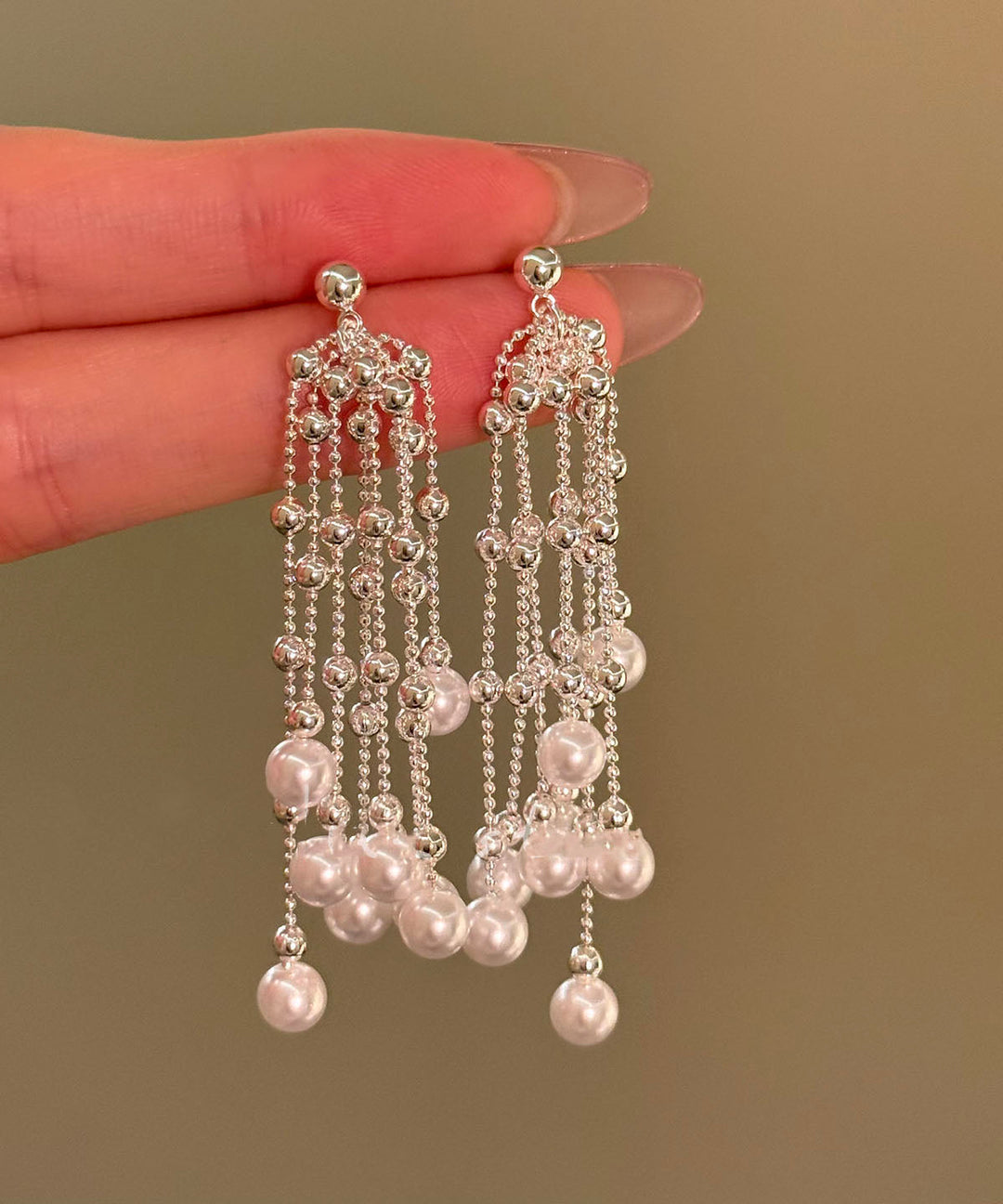 Style White Alloy Pearl Waterfall Tassel Drop Earrings
