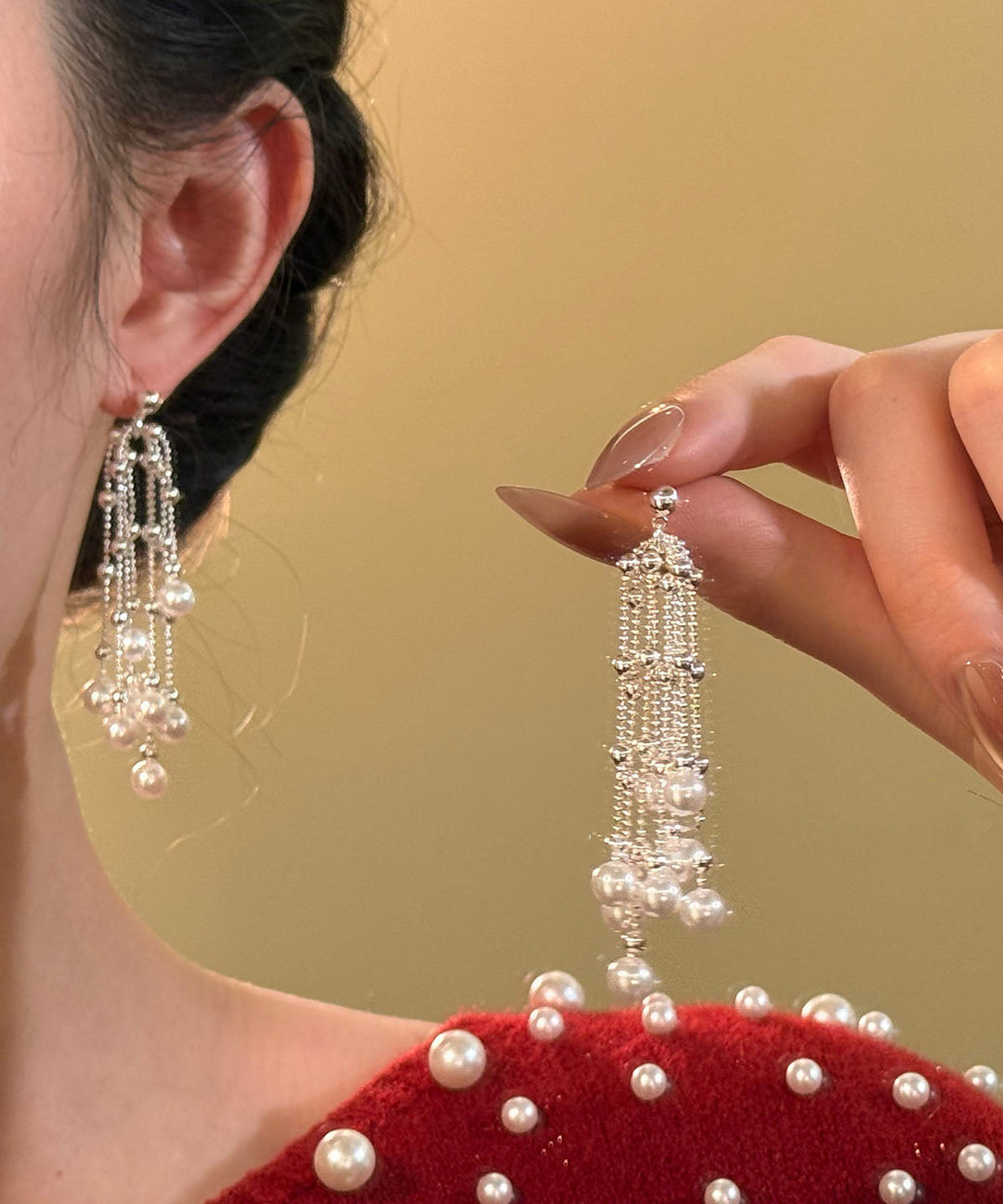Style White Alloy Pearl Waterfall Tassel Drop Earrings