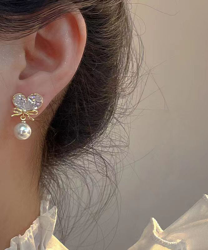 Style White Copper Alloy Zircon Pearl Love Bow Tassel Drop Earrings