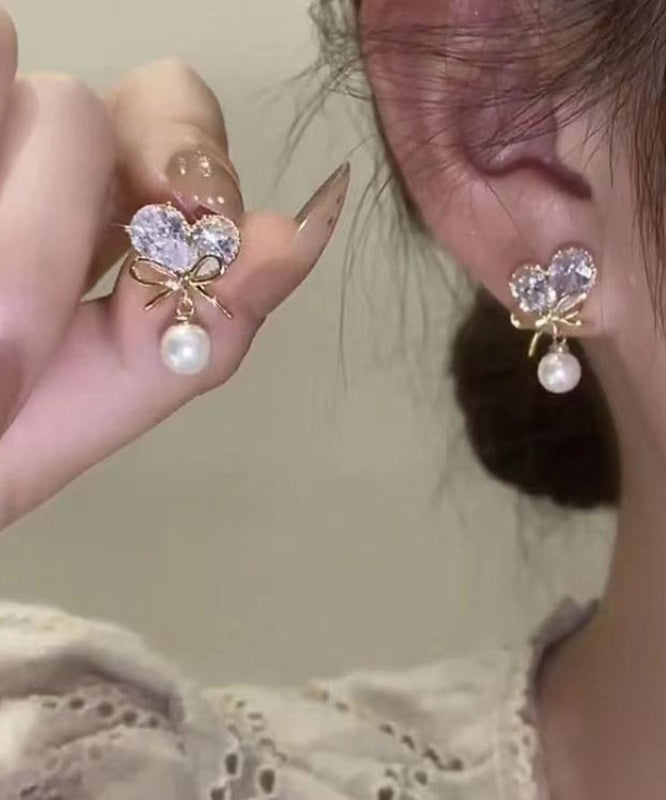 Style White Copper Alloy Zircon Pearl Love Bow Tassel Drop Earrings