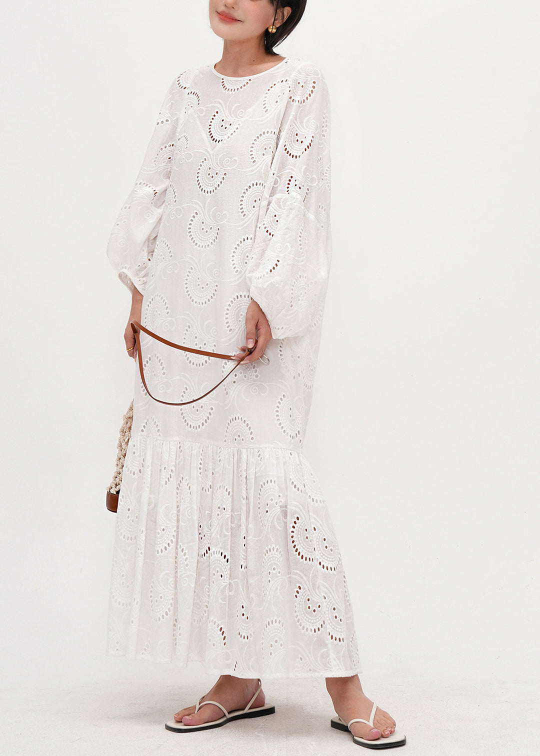Style White Embroidered Hollow Out Cotton Maxi Dresses Summer