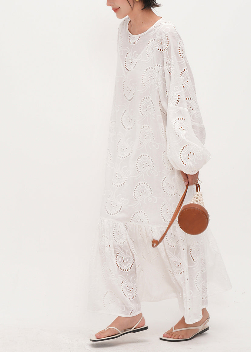 Style White Embroidered Hollow Out Cotton Maxi Dresses Summer