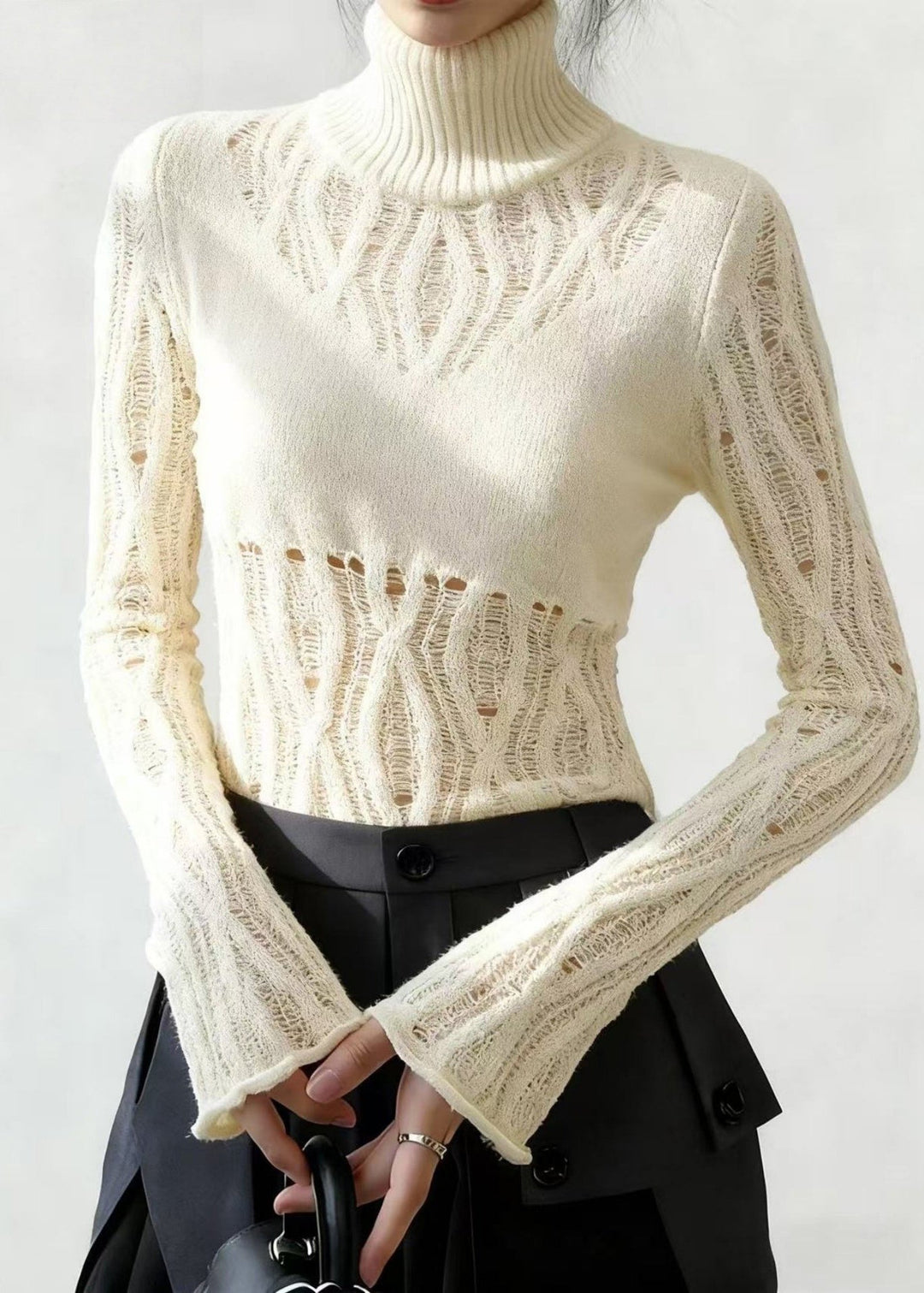 Style White High Neck Hollow Out Knitted Tops Flare Sleeve