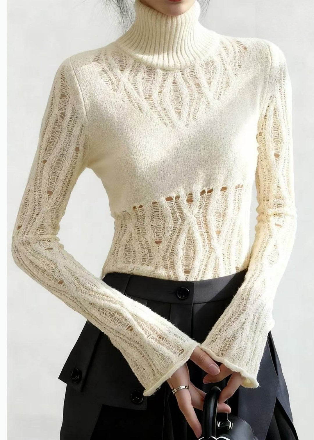Style White High Neck Hollow Out Knitted Tops Flare Sleeve