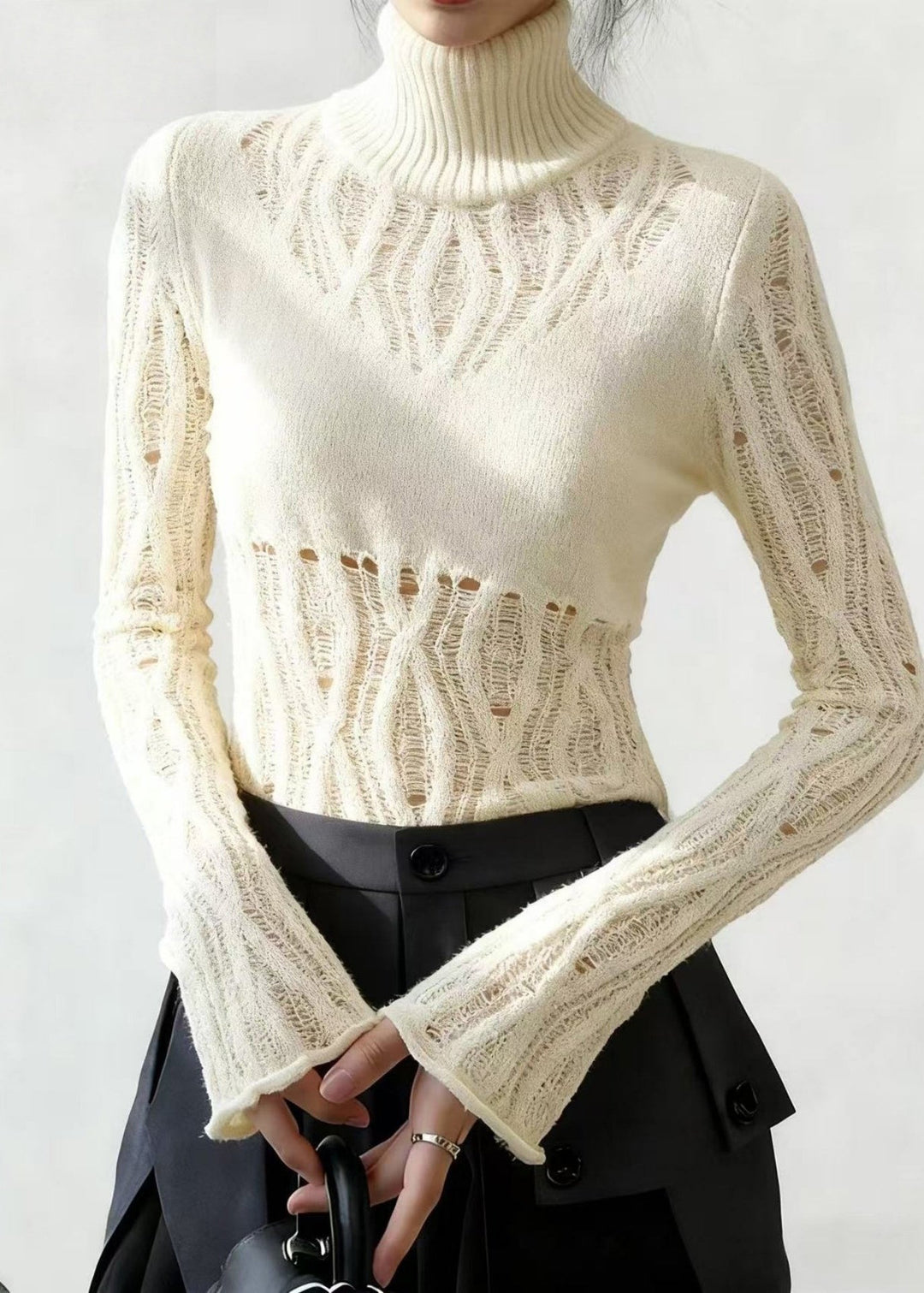Style White High Neck Hollow Out Knitted Tops Flare Sleeve