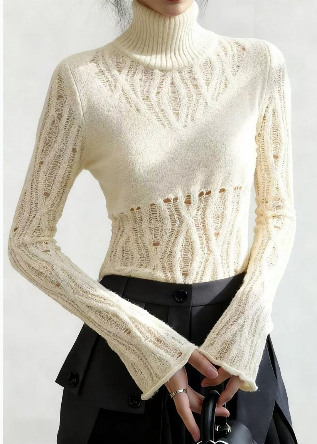 Style White High Neck Hollow Out Knitted Tops Flare Sleeve