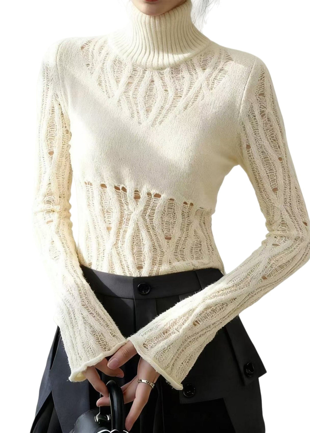 Style White High Neck Hollow Out Knitted Tops Flare Sleeve