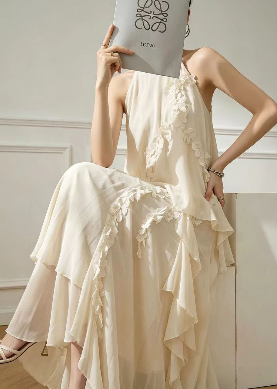 Style White Mandarin Collar Cold Shoulder Chiffon Robe Dresses Summer