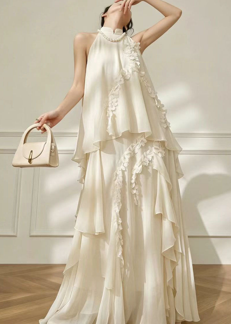 Style White Mandarin Collar Cold Shoulder Chiffon Robe Dresses Summer