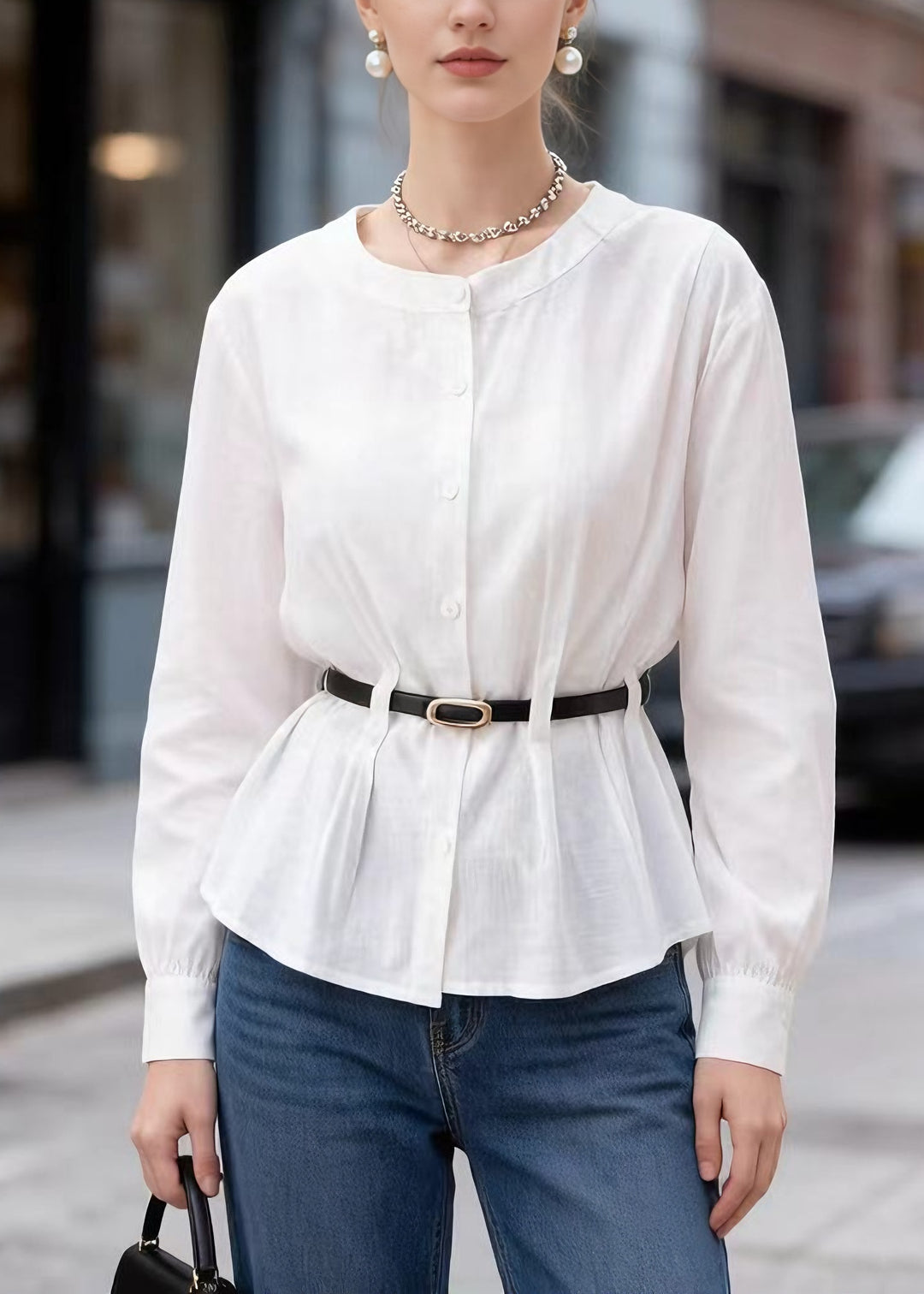 Style White O Neck Button Sashes Cotton Top Spring