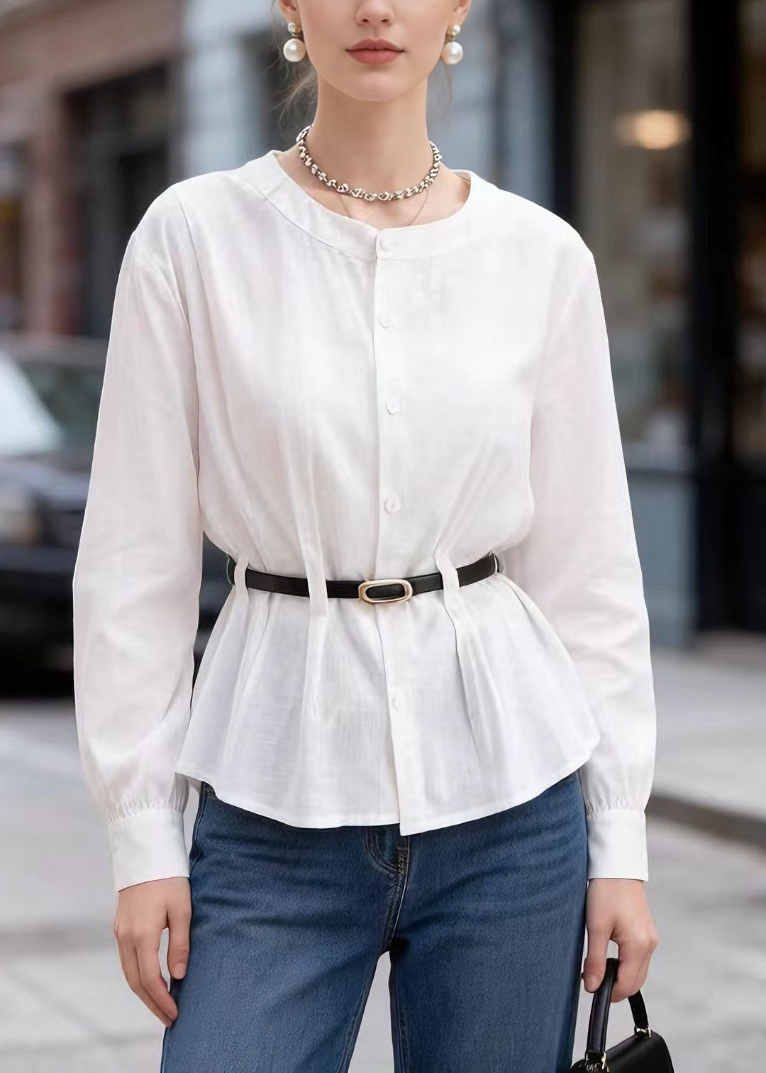 Style White O Neck Button Sashes Cotton Top Spring