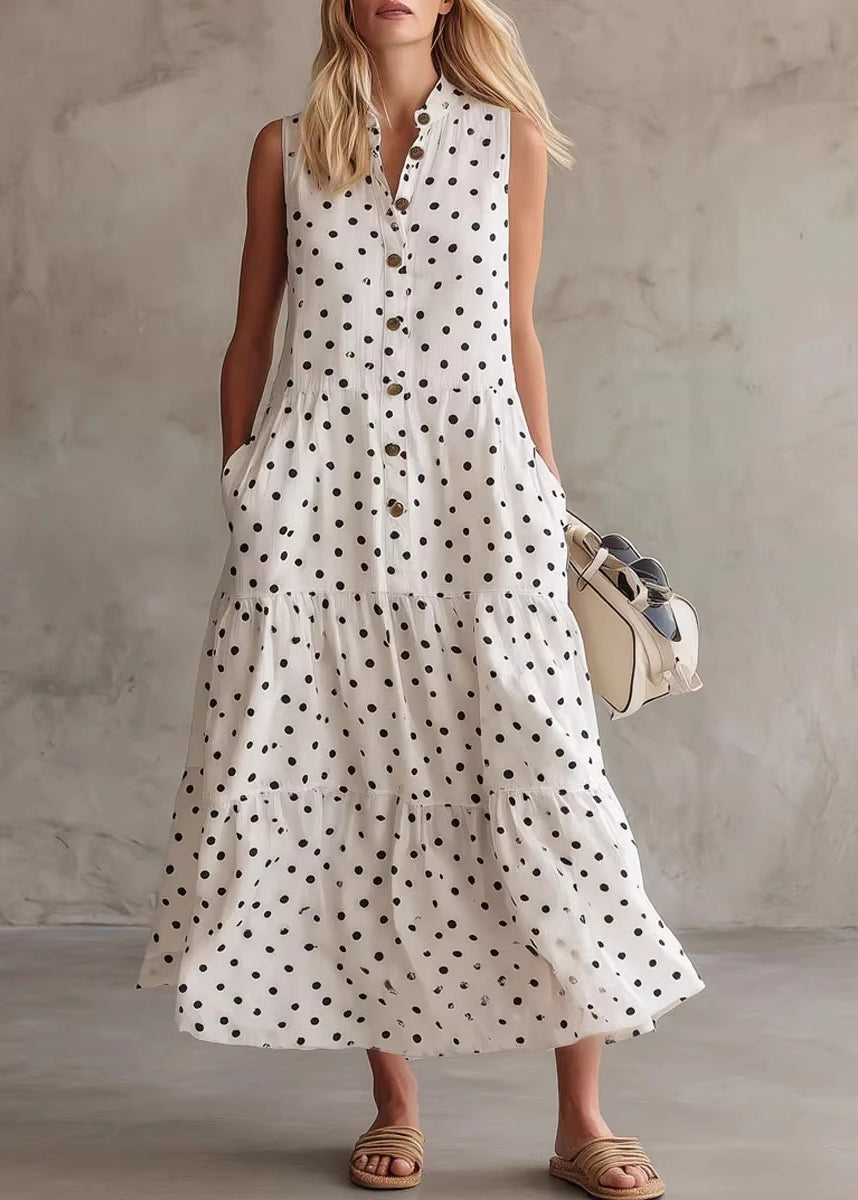 Style White O-Neck Dot Patchwork Maxi Dress Summer