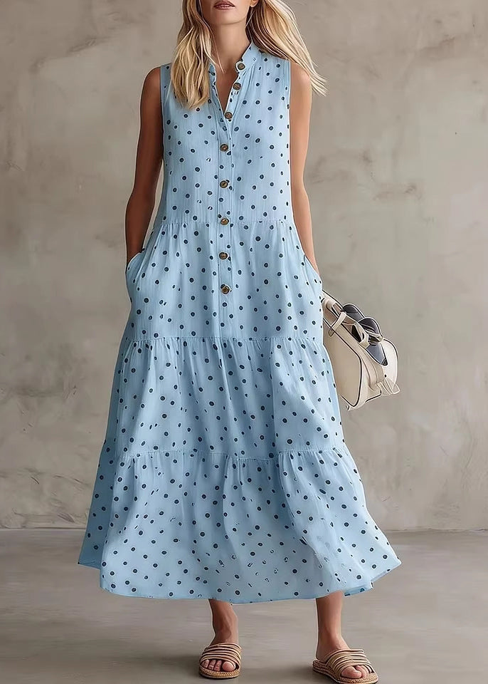 Style White O-Neck Dot Patchwork Maxi Dress Summer