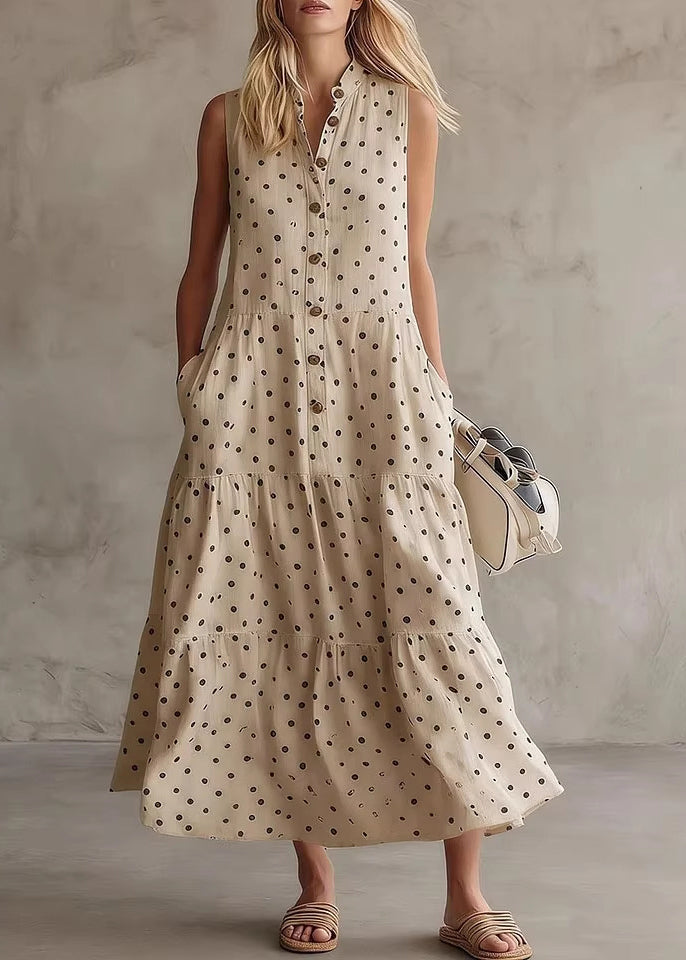 Style White O-Neck Dot Patchwork Maxi Dress Summer
