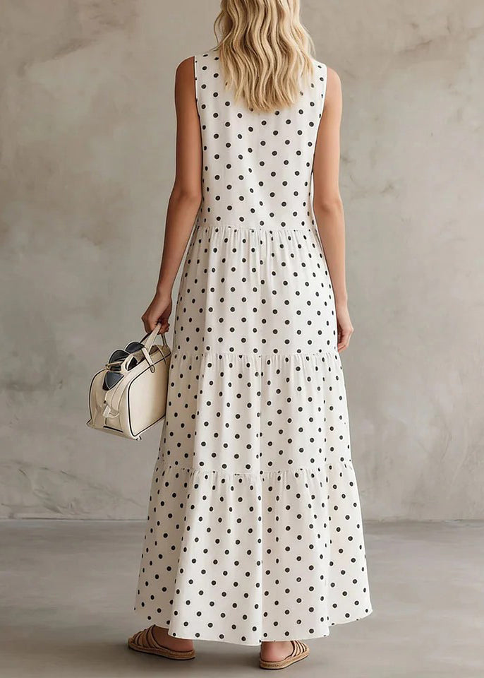 Style White O-Neck Dot Patchwork Maxi Dress Summer