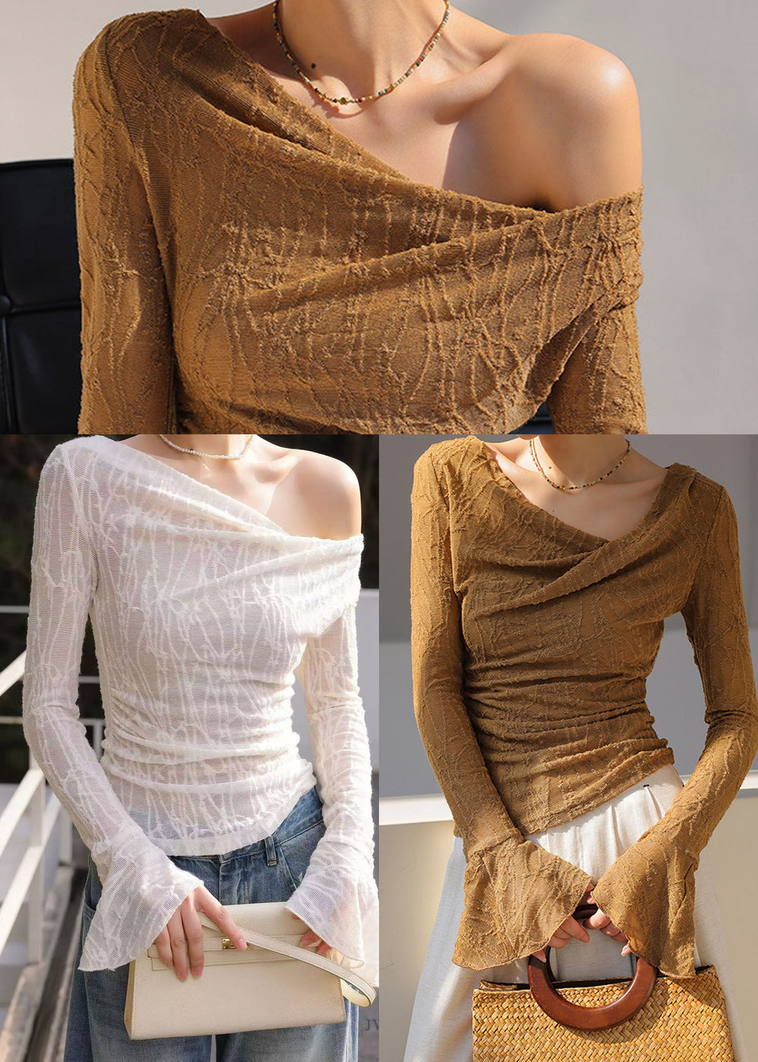 Style White One Shoulder Jacquard Cotton Tops Flare Sleeve
