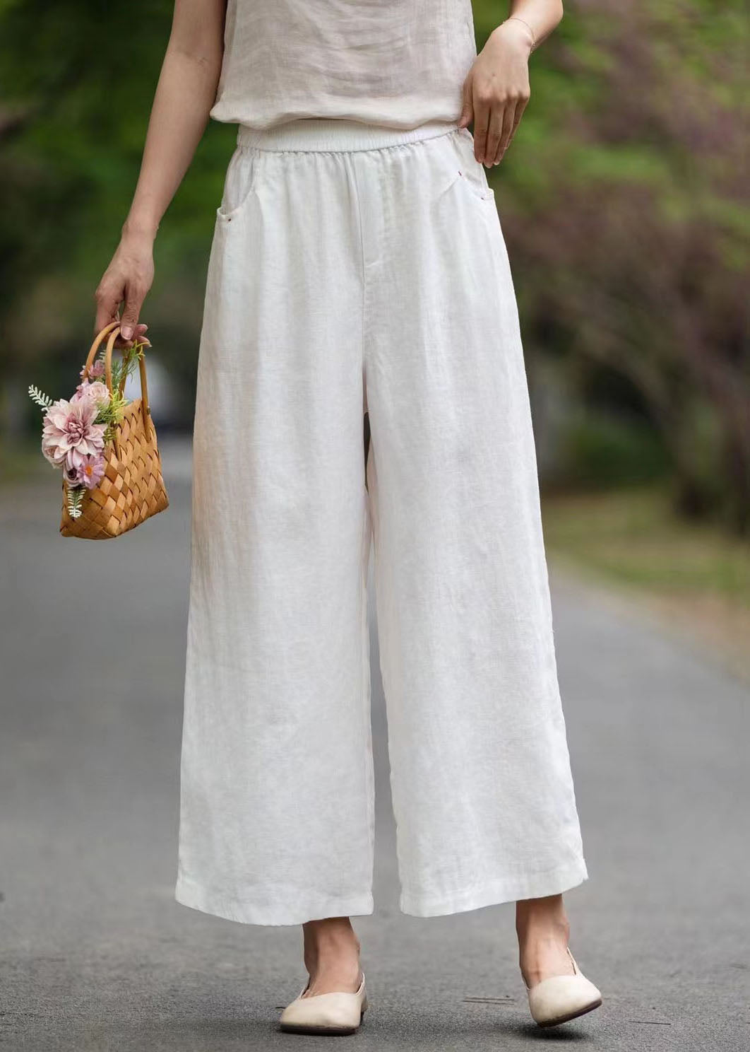 Style White Oversized Pockets Linen Wide Leg Pants Summer